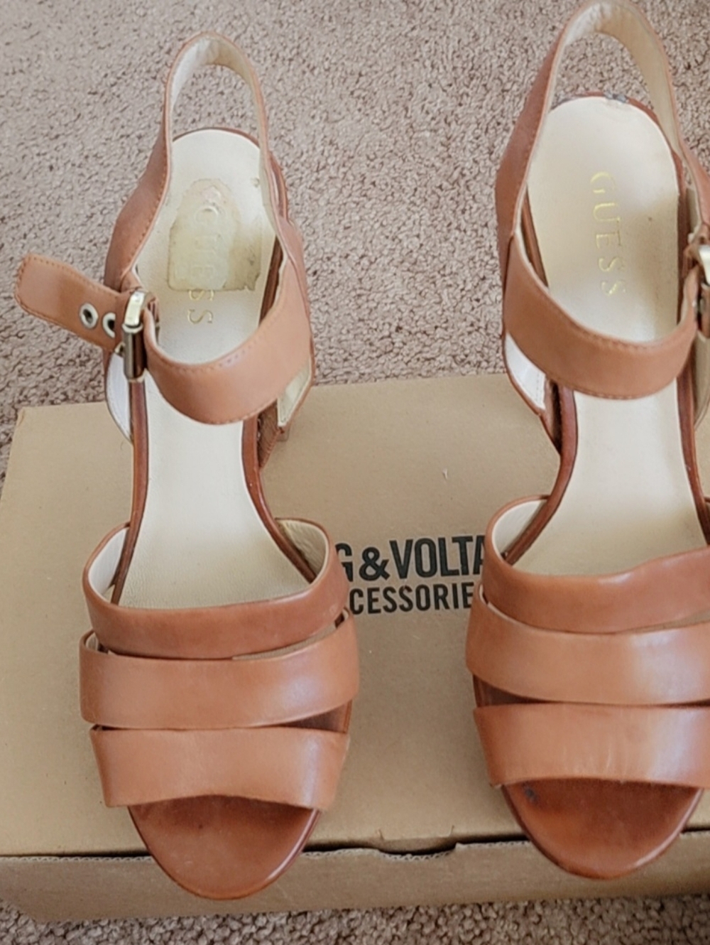 GUESS Tan Strappy Block Heel Sandals with Buckle Ankle Strap